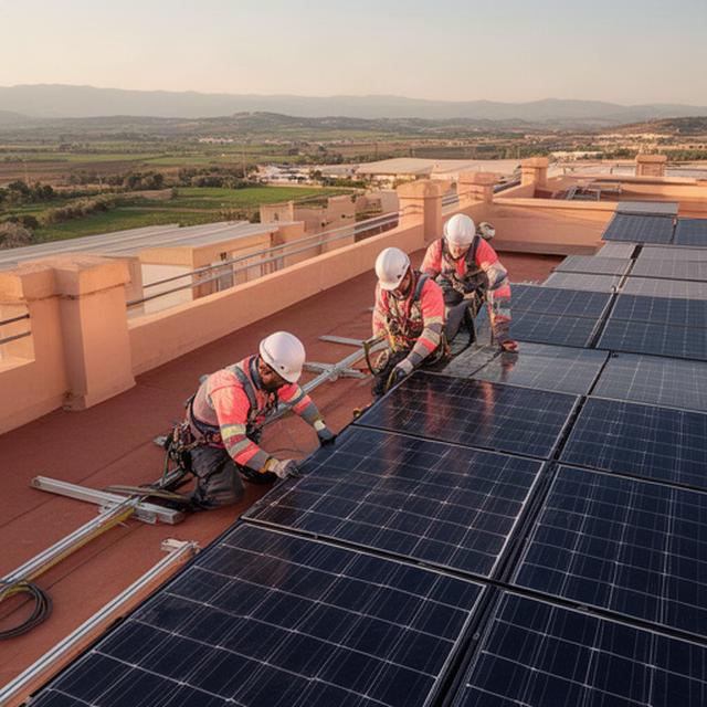 Equipo técnico instalando paneles solares personalizados sobre una cubierta industrial en Andalucía