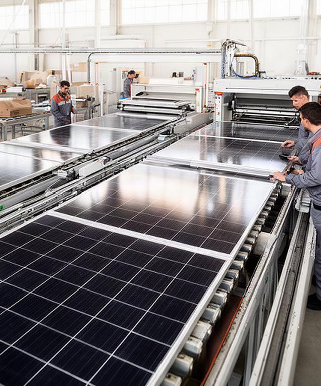 Línea de montaje de paneles solares en una fábrica de Camas con módulos alineados y operarios revisando el ensamblaje