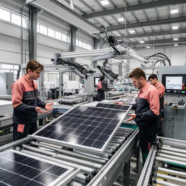 Línea de montaje automatizada de paneles solares en una planta industrial de Camas, con operarios revisando módulos fotovoltaicos