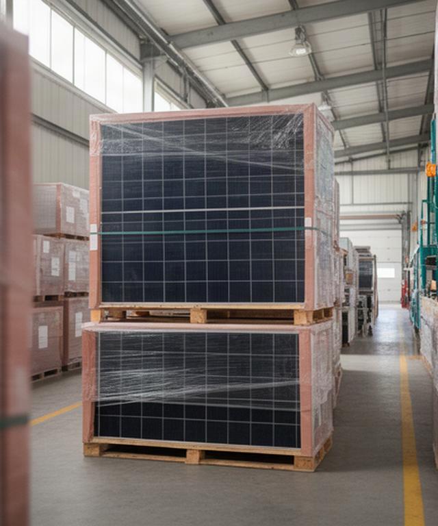 Palés de paneles fotovoltaicos embalados en un almacén solar de Camas, Sevilla