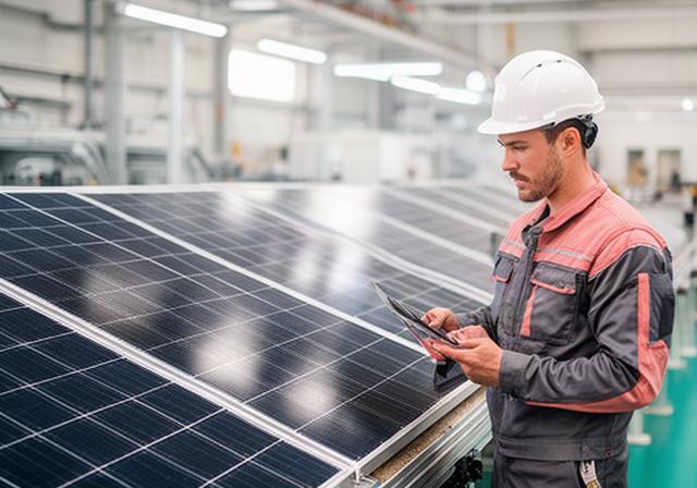 Técnico revisando paneles solares en una planta de fabricación de Camas, Sevilla